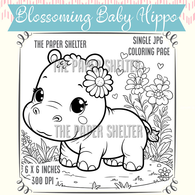 Blossoming Baby Hippo - Single JPG Coloring Page