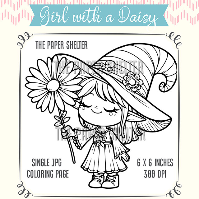 Girl With A Daisy - Single JPG Coloring Page