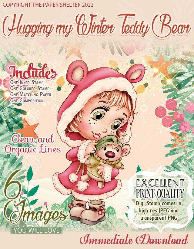 Hugging my Winter Teddy Bear - Digital Stamp