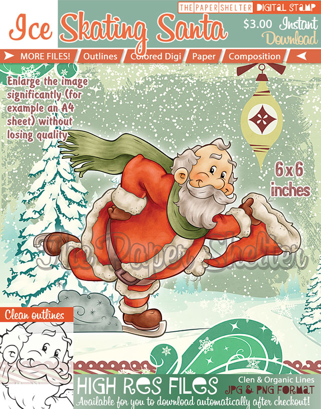 Ice Skating Santa - Digital Stamp