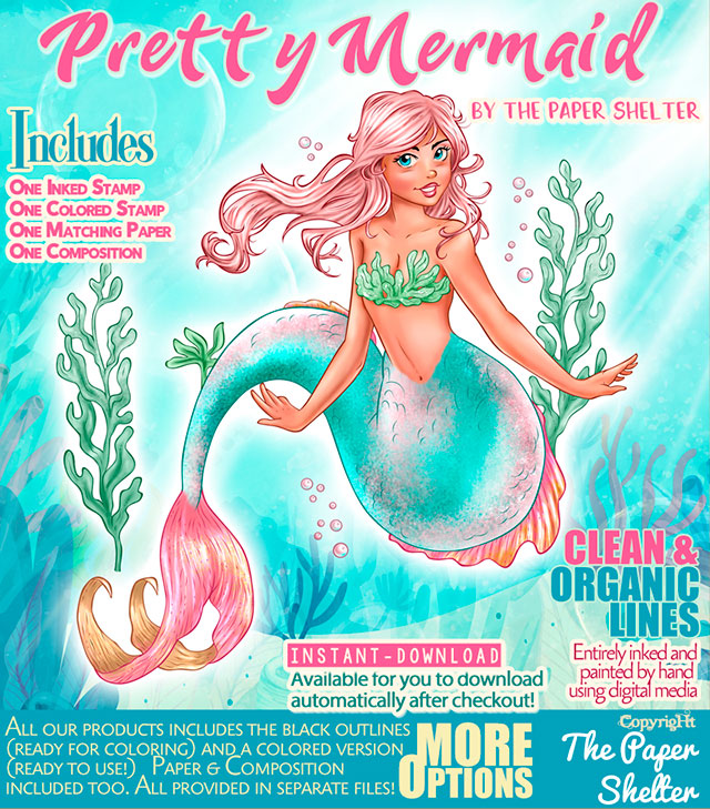Pretty Mermaid - Digital Stamp