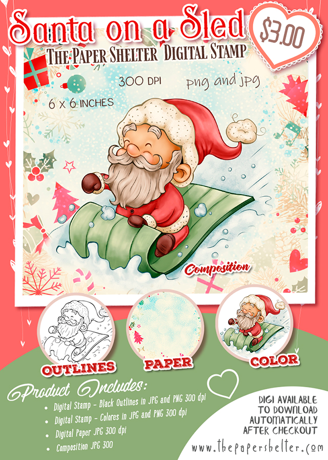 Santa on a Sled - Digital Stamp