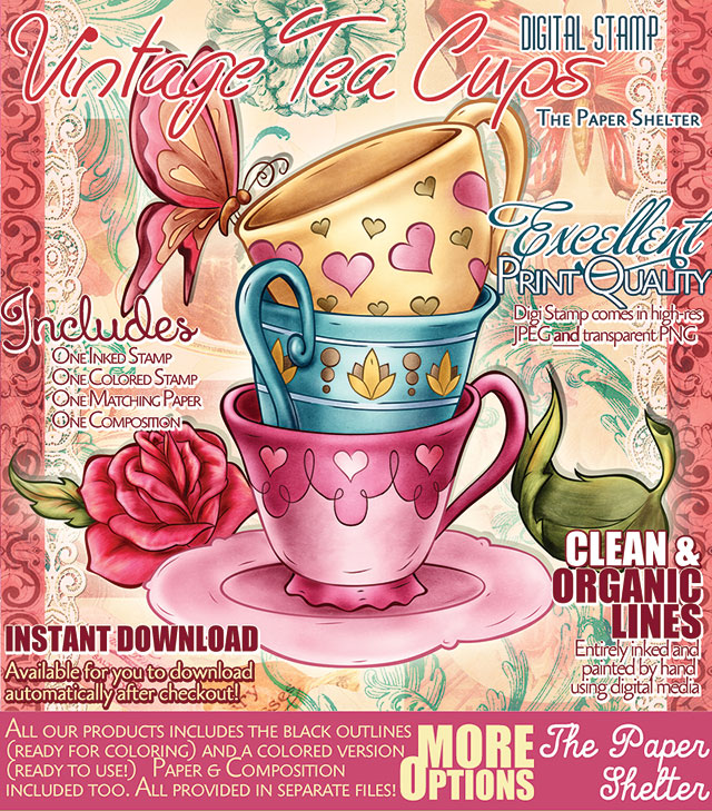 Vintage Tea Cups - Digital Stamp